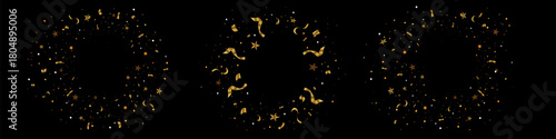 Celebration background with golden confetti vector illustration. Confetti birthday party on black background. Golden ribbons, stars and confetti. For invitations, cards, design, gifts.