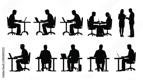 Business people silhouettes working and meeting isolated on white background, Vector