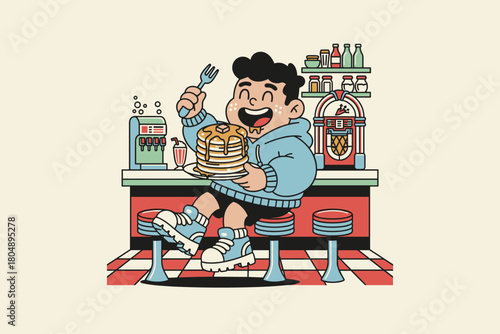 Happy Boy Eating Pancakes in Diner.