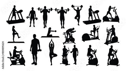 Diverse fitness and exercise silhouettes isolated on white background, Vector