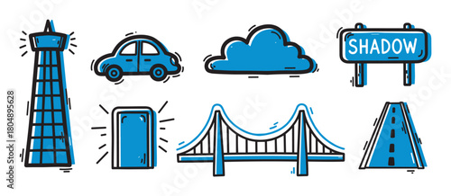 Charming hand-drawn icon set with a blue shadow effect, depicting various transportation and cityscape elements like a car, bridge, tower, and road for a creative concept