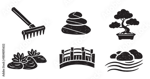A charming set of hand-drawn Japanese garden icons with a textured, minimalist style, featuring a bonsai tree, balancing stones, a rake, a bridge, moss, and water