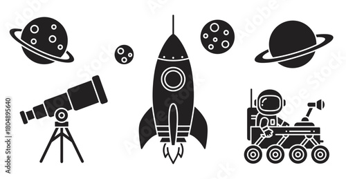 A collection of black silhouette icons depicting space exploration themes, including a launching rocket, an astronaut in a rover, a telescope, and various celestial planets