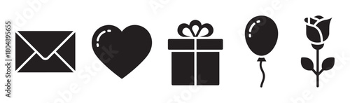 Minimalist graphic set of romantic and festive symbols featuring a love letter, a heart shape, a present with a bow, a party balloon, and a single rose flower