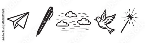 Minimalist doodle collection featuring a paper plane, writing pen, windy clouds, a dove, and a sparkling magic wand in a simple black and white sketch style
