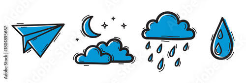 A collection of hand-drawn blue doodle icons including a paper airplane, moon, stars, clouds, and raindrops, illustrated in a simple, sketchy cartoon art style