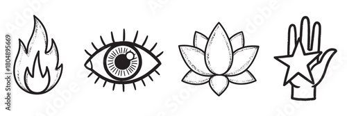 Set of four esoteric icons featuring a fire, a protective eye, a spiritual lotus, and a hand with a star, illustrated in a rustic black line art style with stippling