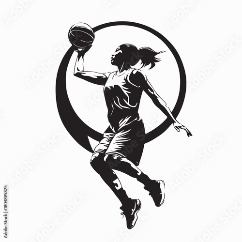 Female Basketball Player Jump Shot Silhouette Vector on white background