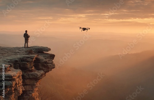 Man flying drone from cliff during sunset