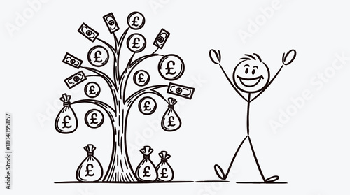 Money tree with stick figure rejoicing for financial success and growth
