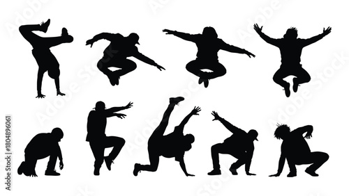 Breakdance and hip hop silhouettes isolated on white background, Vector