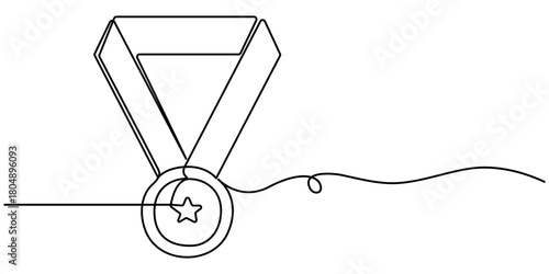 medal continuous one line drawing, of the best quality award badge with gold star winning medal illustration. 