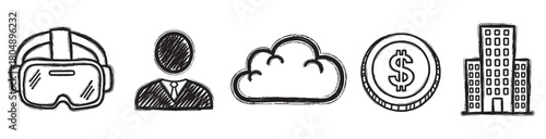 A set of hand-drawn business and technology icons including a VR headset, user, cloud, dollar coin, and building, rendered in a black and white sketchy doodle style
