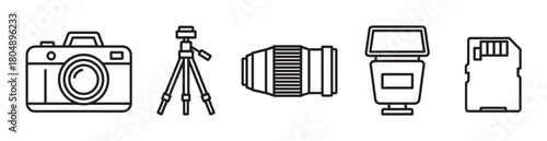 A set of professional photography equipment icons, including a digital camera, tripod, lens, external flash, and memory card, rendered in a clean black line art style