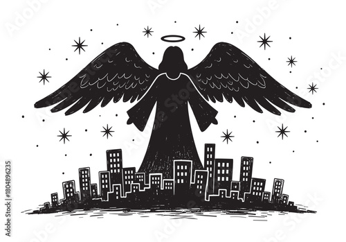 A black and white linocut style illustration of a guardian angel with large wings and a halo hovering protectively over a city skyline under a starry night sky
