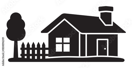 A simple black silhouette icon of a cozy suburban house with a chimney, picket fence, and a tree, representing home ownership, property, and real estate concepts