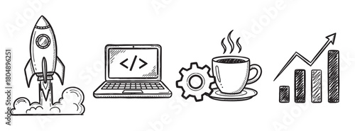 A set of hand-drawn doodle icons illustrating the concept of a business startup, featuring a rocket launch, coding laptop, productivity gear, and a financial growth chart