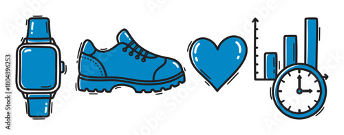 A set of blue and black doodle icons representing fitness and activity, including a smartwatch, running shoe, heart symbol, and a progress chart with a clock for a healthy lifestyle