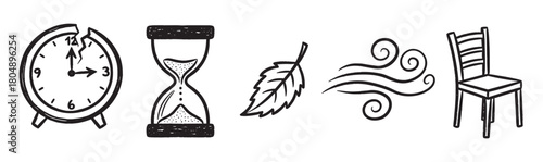 Set of five monochrome sketch illustrations featuring a cracked alarm clock, a sandglass, a single leaf, a gust of wind symbol, and a simple wooden chair in a horizontal row