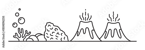 A simple black outline illustration showcasing an underwater landscape with floating bubbles, diverse coral, rugged rocks, and two active volcanoes emitting steam