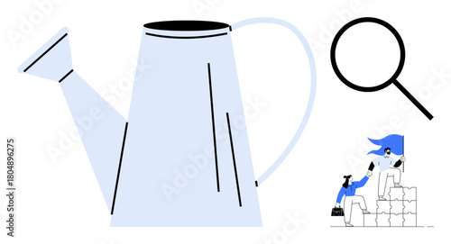 Large watering can beside magnifying glass and two figures collaborating on stacked blocks. Ideal for growth, teamwork, exploration, support, goal achievement, research, personal development. Simple