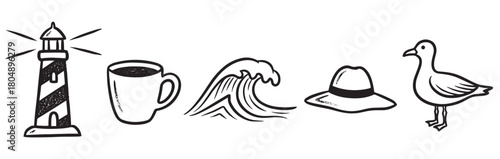 A charming collection of hand-drawn coastal icons, featuring a striped lighthouse, a coffee mug, an ocean wave, a fedora hat, and a seagull in a simple line art style