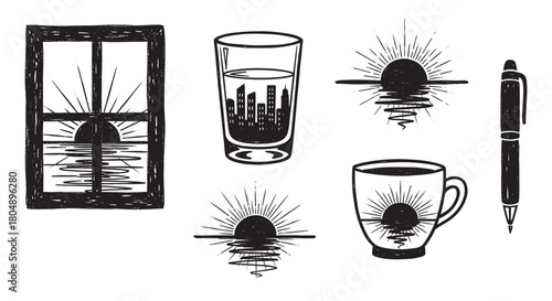 A set of black and white, hand-drawn illustrations in a doodle style, featuring a sunrise over the ocean, a cityscape in a glass, a window view, a coffee mug, and a pen