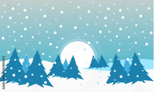 Stylized graphic of a cold, crisp winter night featuring frosted evergreen trees, soft falling snow, and a bright, expansive moon in a blue sky