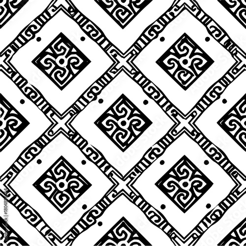 Black and white seamless pattern with geometric shapes and decorative elements for a modern design project usage