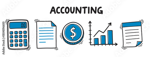 A set of hand-drawn doodle icons representing accounting concepts, including a calculator, documents, a dollar coin, and a growth chart, illustrating financial management