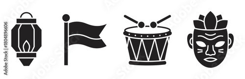 A collection of four distinct black silhouette icons featuring a hanging lantern, a waving flag, a traditional drum with sticks, and an ornate tribal mask, presented in a flat graphic style