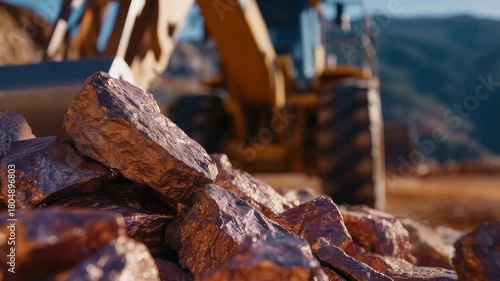 Wallpaper Mural 213Close-up of raw copper pieces lying on the ground, heavy machinery blurred in the distance, warm sunlight highlighting rich metallic textures Torontodigital.ca