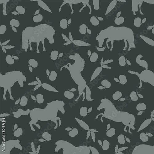Seamless pattern with silhouettes of ponies, apples and carrots on dark background