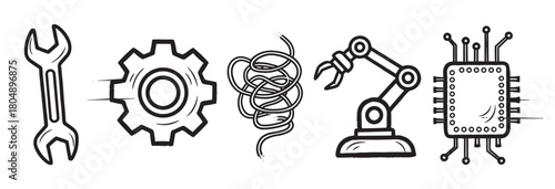 A hand-drawn black and white line art illustration featuring essential mechanical and technological elements: a wrench, a spinning gear, tangled wires, a robotic arm, and a detailed circuit board