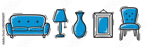 A set of hand-drawn blue furniture and home decor icons, including a sofa, lamp, vase, picture frame, and chair, in a simple doodle sketch style with thick black outlines