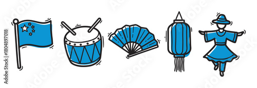 A set of hand-drawn blue and black icons representing East Asian culture, including a national flag with stars, a traditional drum, a folding fan, a paper lantern, and a dancer