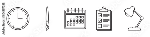 Minimalist collection of office and creative tool icons, featuring a clock, paintbrush, monthly planner, task list clipboard, and a table lamp in a simple outline style
