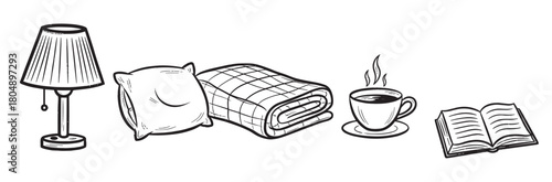 A black and white doodle illustration set of items for a cozy evening, featuring a table lamp, soft pillow, warm plaid blanket, a steaming cup of coffee, and an open book for reading