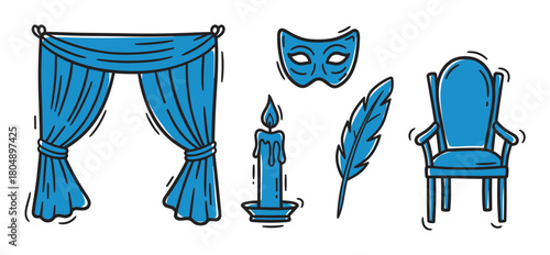 A collection of hand-drawn blue theatrical icons including a stage curtain, mask, candle, quill, and armchair, representing drama, literature, and performance art