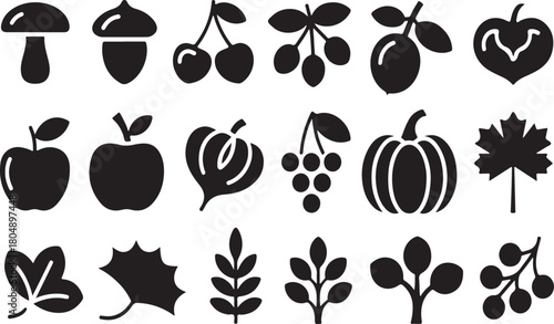 Autumn harvest fruits leaves and mushroom icons acorn cherry