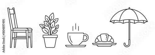 A collection of minimalist line art icons featuring a chair, potted plant, steaming coffee cup, croissant, and an umbrella, representing cafe culture and daily life