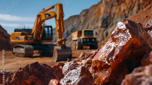 225Close-up of bright orange-red copper chunks under sunlight, excavators and trucks operating in blurred background, cinematic industrial feel