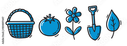 A collection of blue hand-drawn doodle icons representing gardening and harvesting, including a wicker basket, tomato, flower, shovel, and leaf, arranged in a simple row