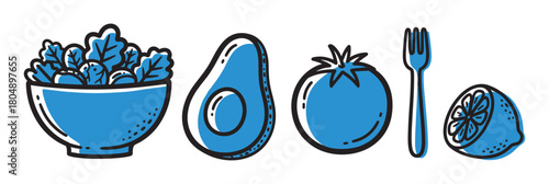 Graphic illustration set of healthy food ingredients including a fresh salad bowl, avocado half, tomato, lemon, and a fork in a simple blue and black hand-drawn style