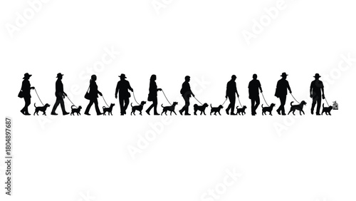 People walking dogs silhouette isolated on white background, Vector