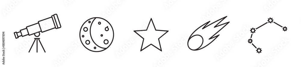 Obraz premium A collection of astronomy and space exploration icons featuring a telescope, moon, star, meteor, and constellation, all depicted in a clean, minimalist black line art style