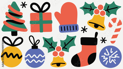 Colorful Christmas Icons Tree Gift Mitten Bells Ornament Stocking and Snowflake