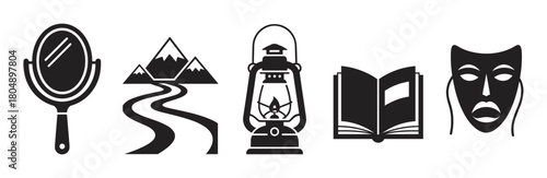 A collection of black silhouette icons including a hand mirror, mountain path, vintage lantern, open book, and theatrical mask representing various concepts