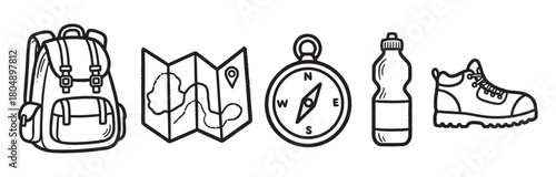 A set of hand-drawn black and white icons for hiking and outdoor adventure, including a backpack, map with pin, compass, water bottle, and boot, in a simple line art style