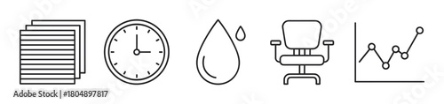 A set of five simple outline icons for business themes, featuring a document stack, time clock, liquid droplet, ergonomic office chair, and a financial growth chart